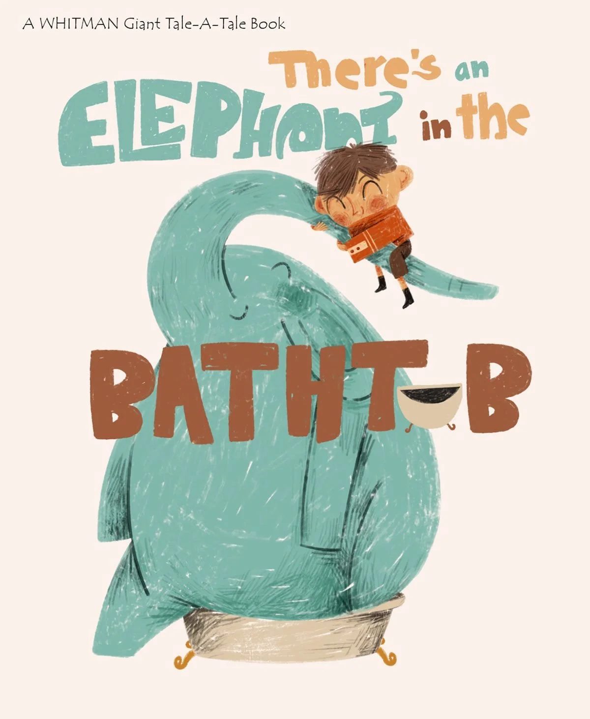 Cover of a children's book titled "A WHITMAN Giant Tale-A-Tale Book: There’s an Elephant in the Bath" featuring a cartoon illustration of a large blue elephant with a boy hugging its trunk.