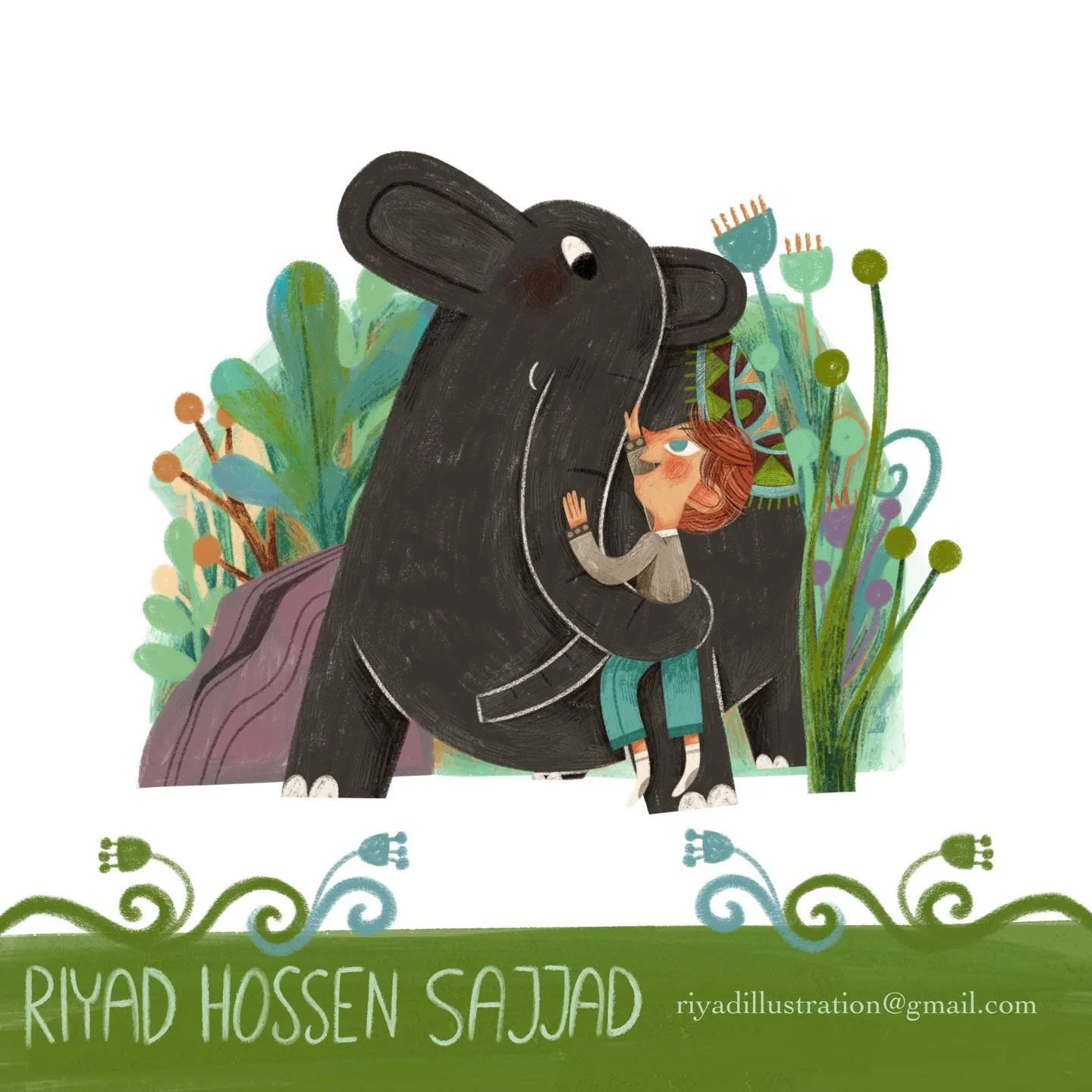 A colorful illustration featuring a young boy hugging a large, black bear with a background of green plants and flowers. The bottom of the image has a green banner with the text "RIYAD HOSSEN SAJJAD" and an email address.