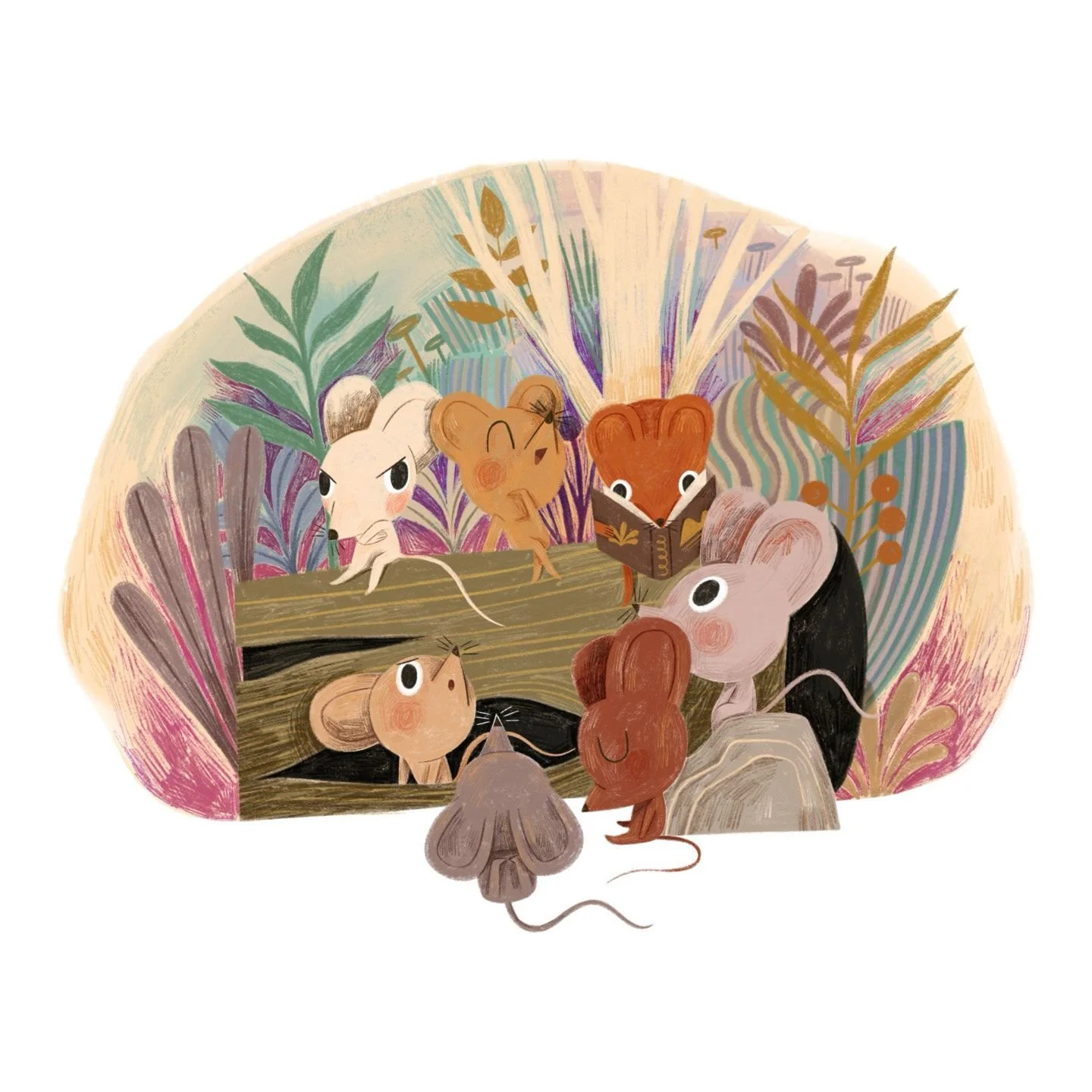 Illustration of five mice with expressions and one reading a book, inside a colorful, stylized forest setting with plants and trees.