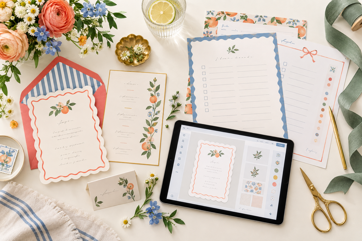 Party-planning inspiration with paper details, ribbon and flowers