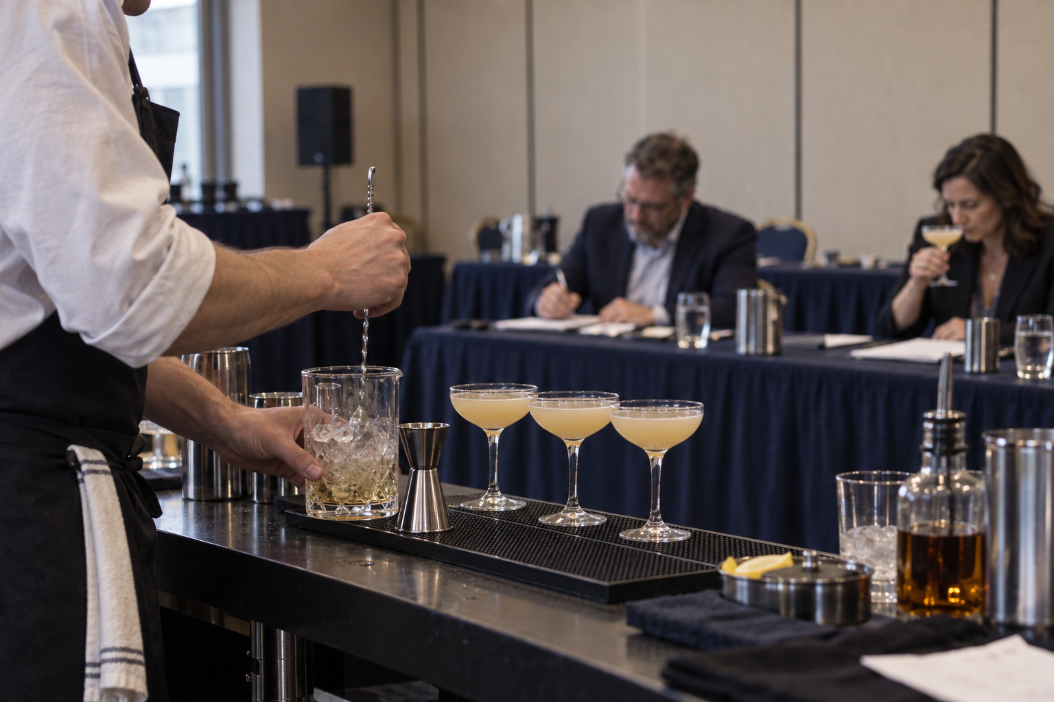 A bartender pours a cocktail into glasses on a bar counter at a professional event or conference, with two seated attendees in the background.