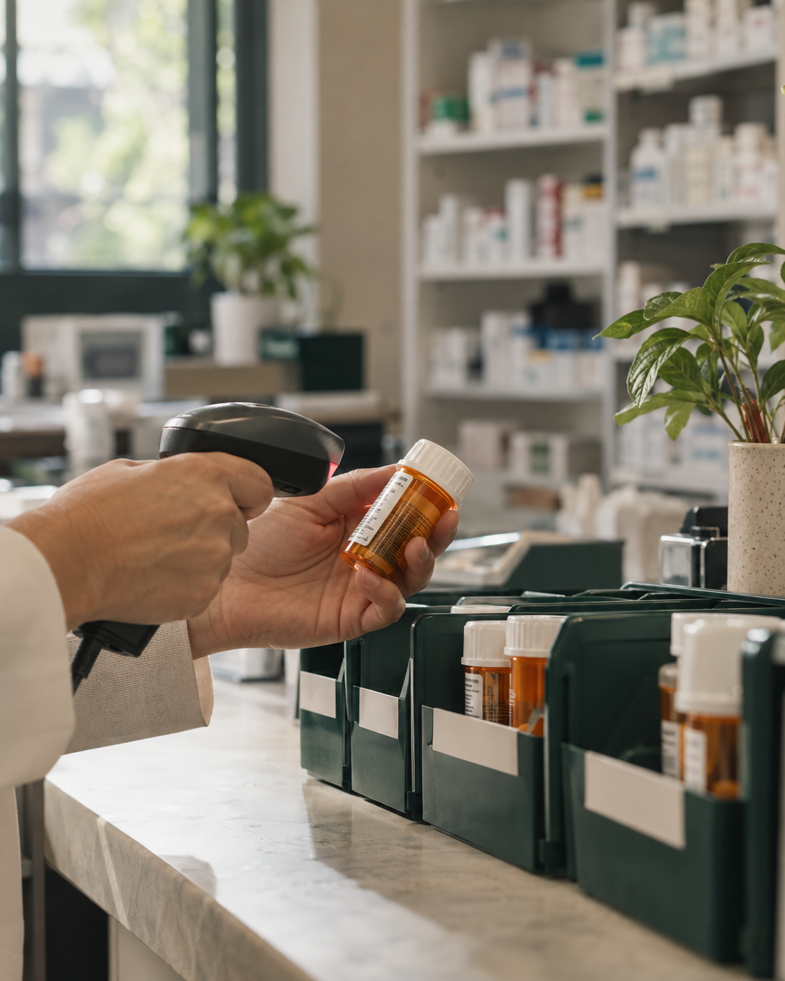 Pharmacy staff member scanning a prescription bottle barcode as part of an organized medication workflow.