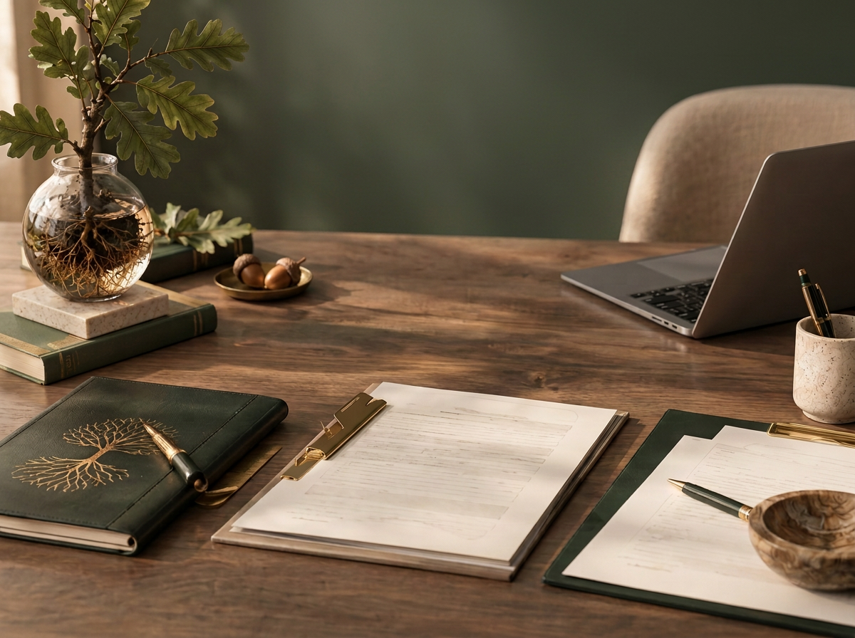Desk with green notebooks, a pen, papers, a pen holder, a laptop, a glass bowl with a plant, and acorns.