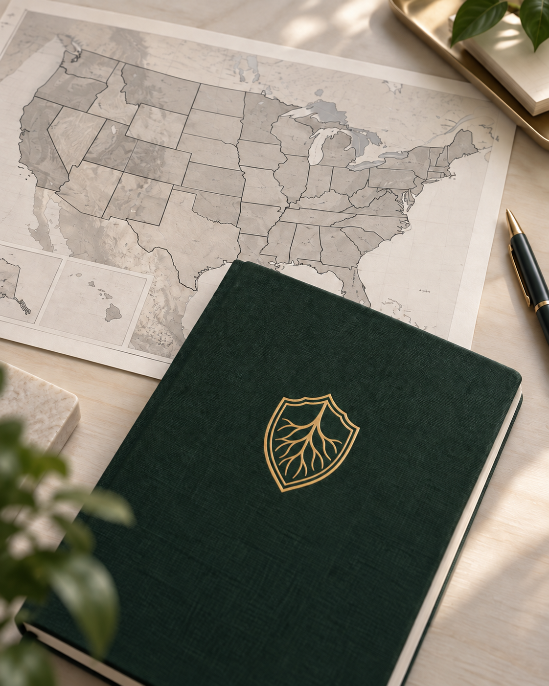 United States map beside a green Rooted notebook, representing multistate pharmacy licensing and expansion.