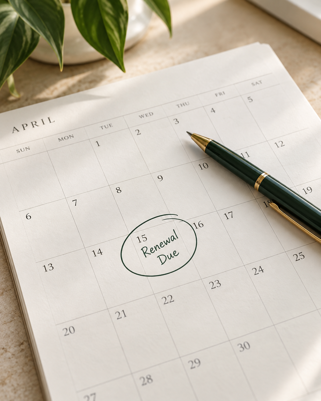 License renewal calendar with reminder representing pharmacy license renewal compliance support.