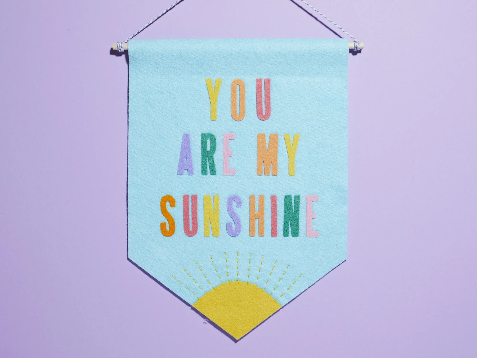 Colorful hanging wall banner reading “You Are My Sunshine,” with a yellow sun on a turquoise background.