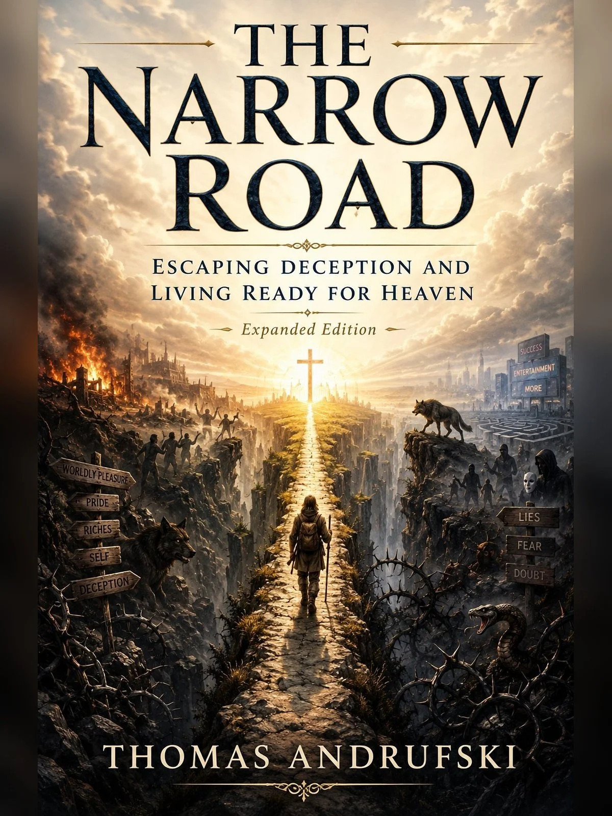 The Narrow Road by Thomas Andrufski, featuring a traveler on a narrow path toward a cross.