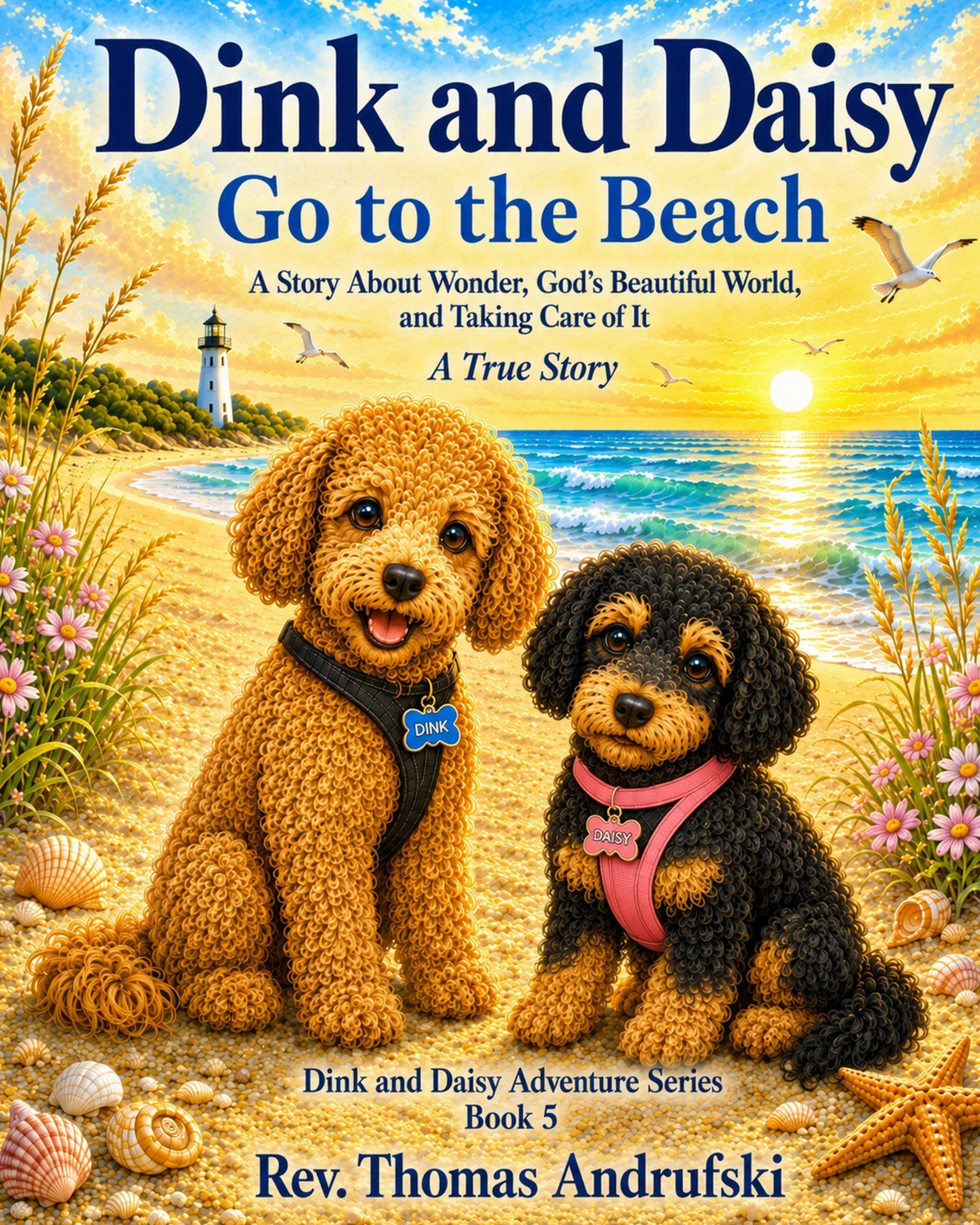 Dink and Daisy Go to the Beach, featuring apricot Dink and black-and-tan Daisy by the ocean.