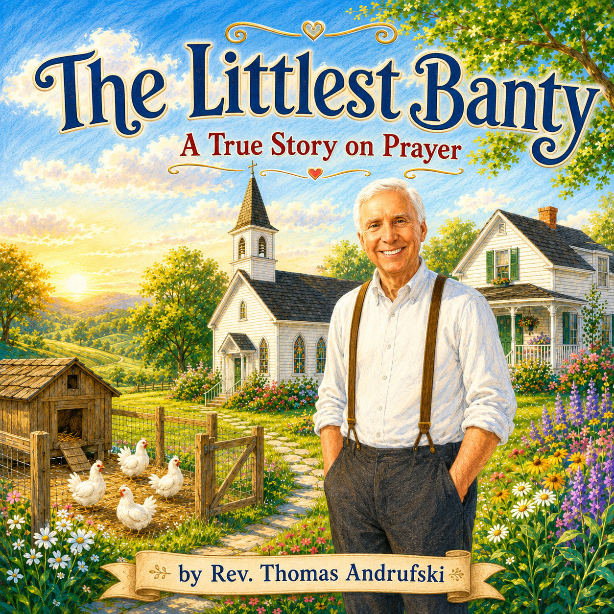 The Littlest Banty by Rev. Thomas Andrufski, featuring a pastor and chickens near a country church.