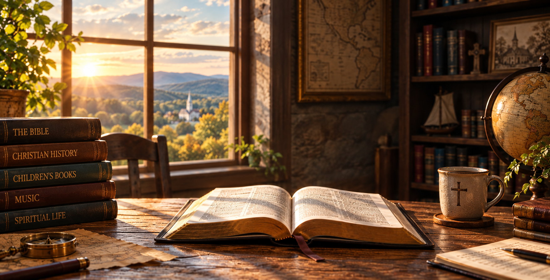 An open Bible and books about faith, history, children, and music on a sunlit desk.