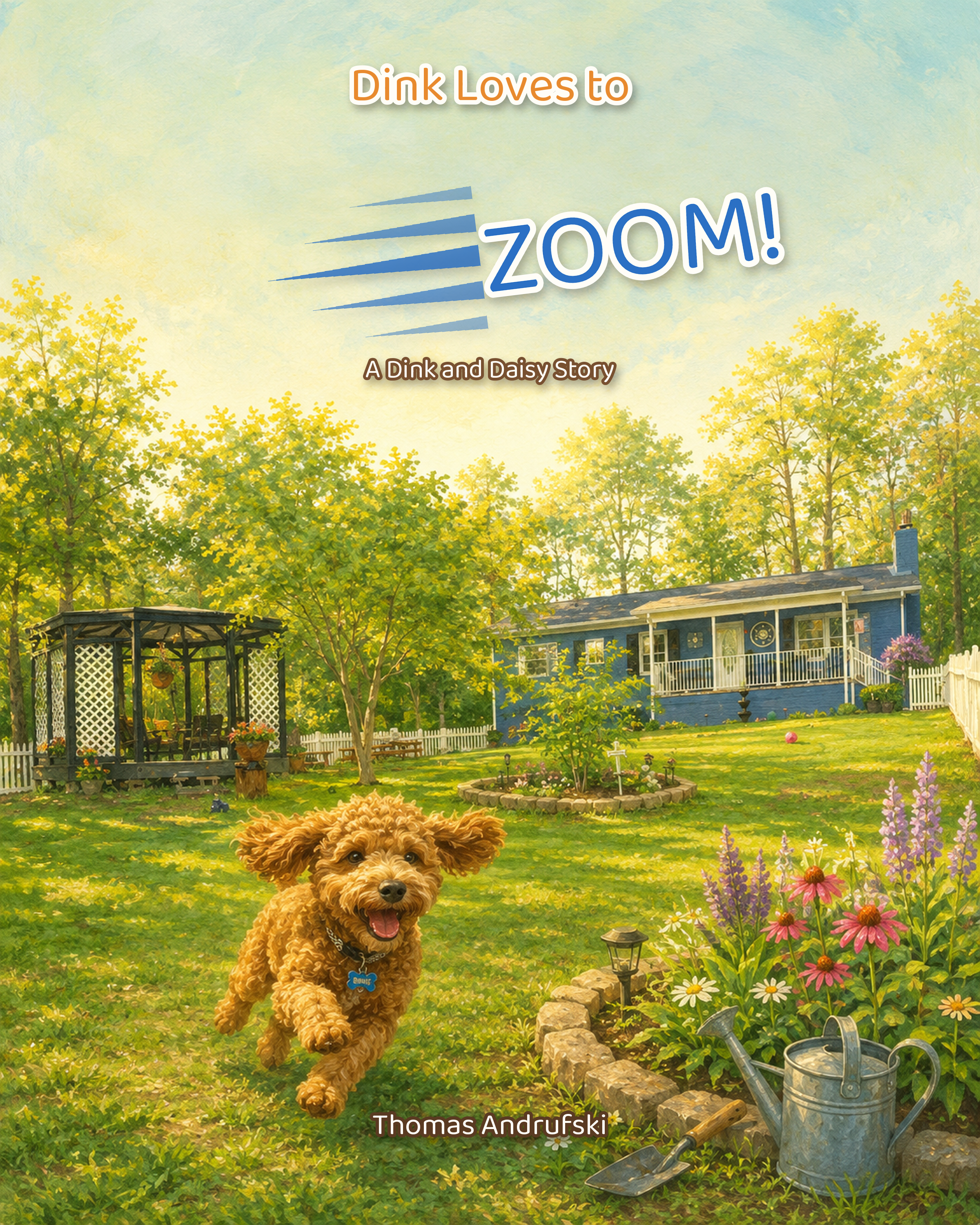 Dink Loves to Zoom, featuring Dink running through a sunny garden.