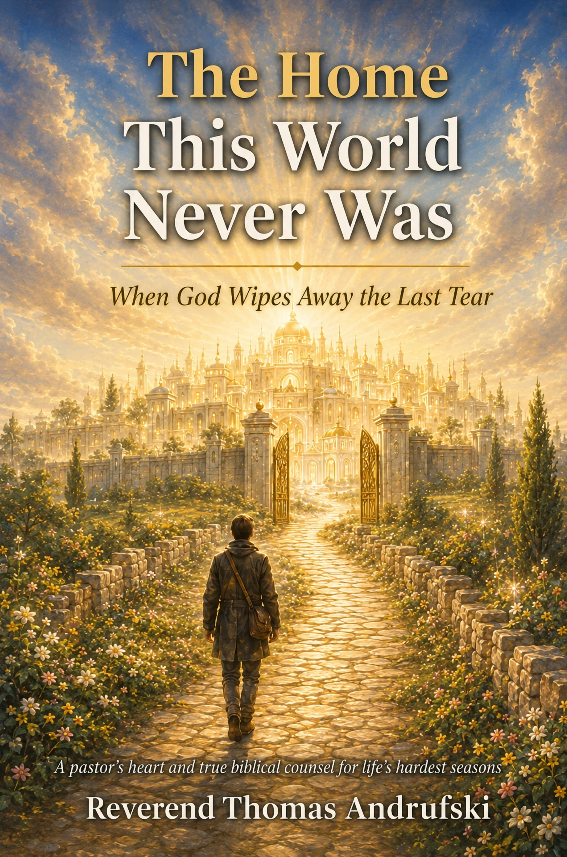 A traveler follows a path toward a golden city beneath a sunlit sky.