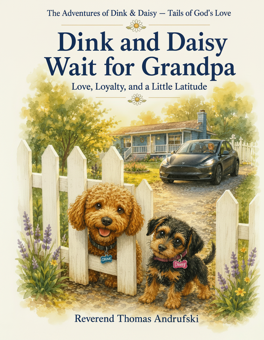 Dink and Daisy Wait for Grandpa, featuring the two dogs beside a white picket fence.