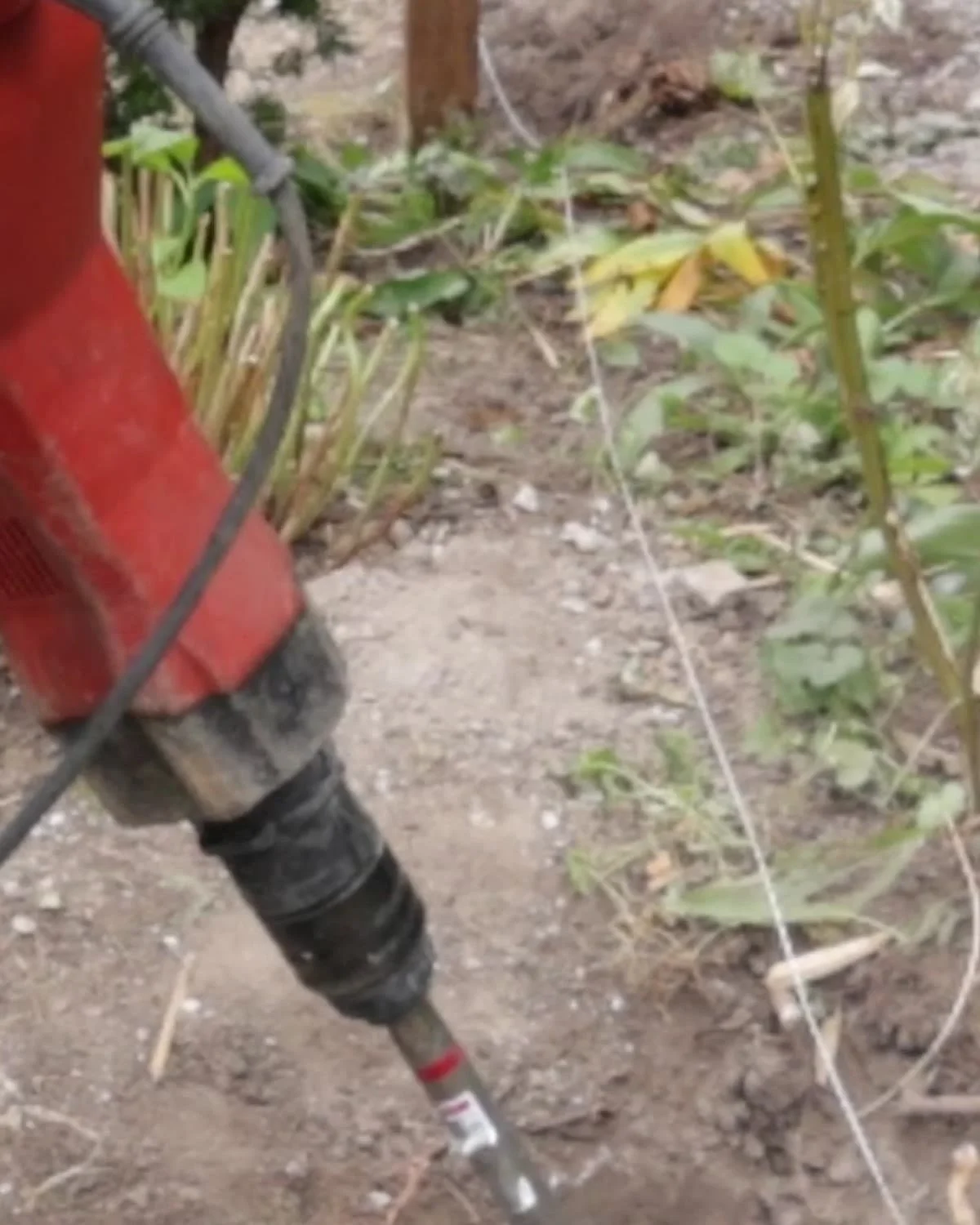 Demolition hammer breaking up hard ground along a garden bed to make room for new fence posts in a Mississauga backyard