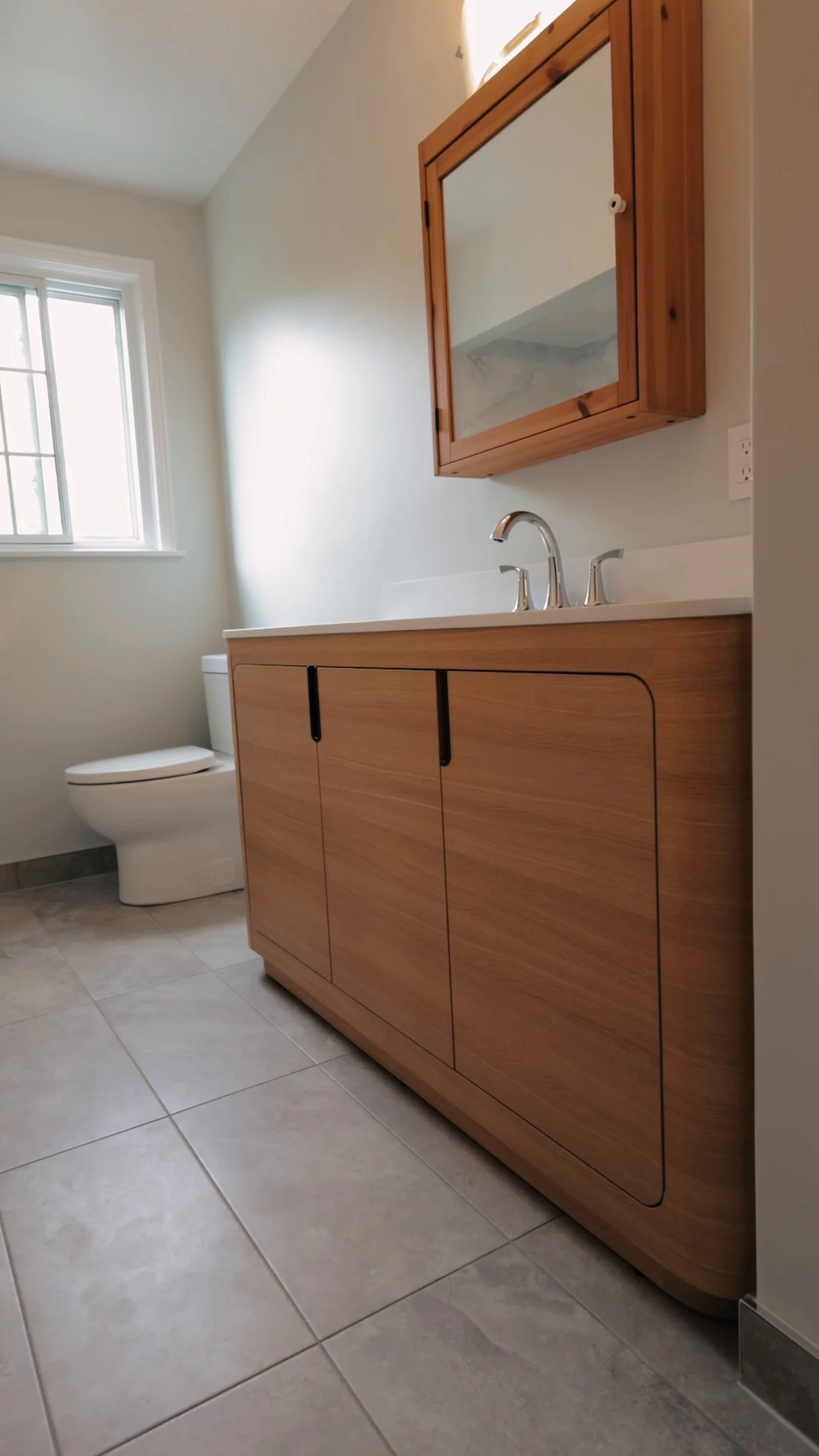 The homeowner's original wood medicine cabinet back on the wall above a new wood vanity and white countertop in an Etobicoke bathroom