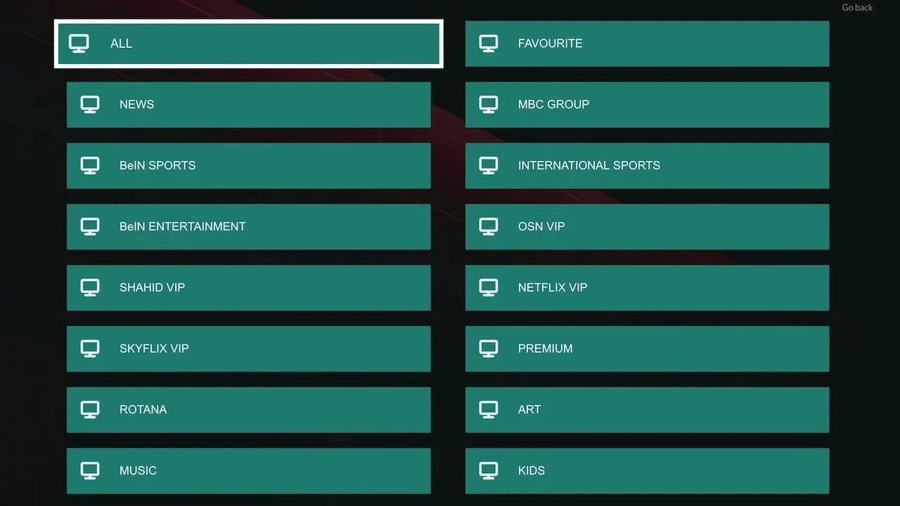 A menu screen with categories for various TV channels and services, including All, News, BeIN Sports, BeIN Entertainment, Shahid VIP, SkyFlex VIP, Rotana, Music, Favorite, MBC Group, International Sports, OSN VIP, Netflix VIP, Premium, Art, Kids. Each category has a TV icon next to the name.