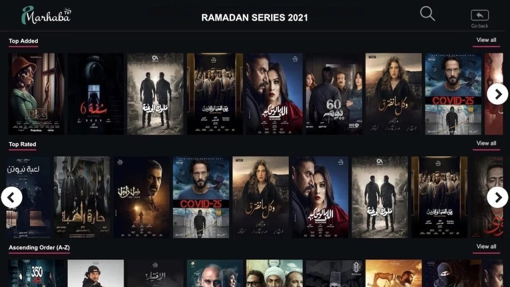 Screenshot of Marhba's Ramadan Series 2021 page showing top added and top rated TV series and movies with Arabic titles and posters.
