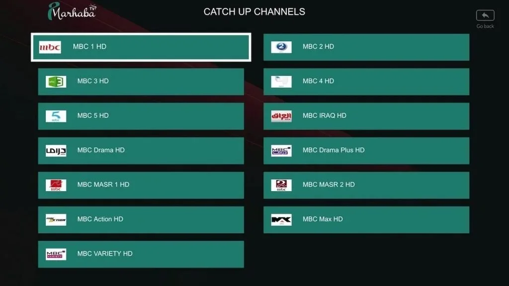 Screenshot of a TV guide menu showing various MBC channels, including MBC 1 HD, MBC 2 HD, MBC 3 HD, MBC 4 HD, MBC Iraq HD, MBC Drama HD, MBC MASR 1 HD, MBC MASR 2 HD, MBC Action HD, MBC Drama Plus HD, MBC Max HD, and MBC Variety HD.