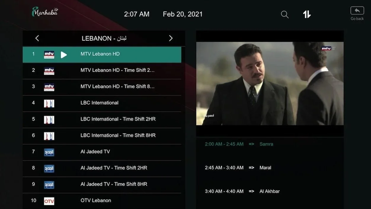 A TV guide on a streaming device displaying Lebanese channels, The screen shows listings for MTV Lebanon, LBC International, Al Jadeed TV, and OTV Lebanon, with a list of programs and timings.