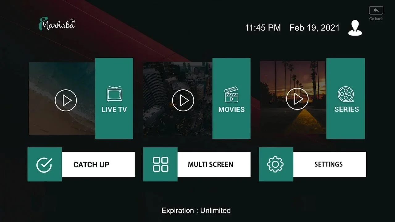 MARHABA IPTV application interface showing categories: Live TV, Movies, Series, with options for Catch Up, Multi Screen, and Settings.