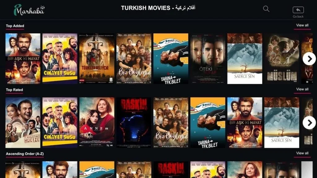 Screenshot of a streaming platform's Turkish movies section, showing top added, top rated, and ascending order movie categories with various movie posters.