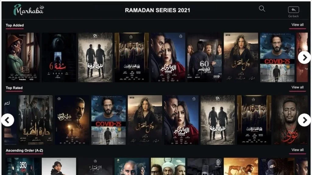 Screenshot of a streaming platform displaying a Ramadan series lineup for 2021, with sections for Top Added, Top Rated, and Ascending Order (A-Z), featuring various TV show posters and titles.