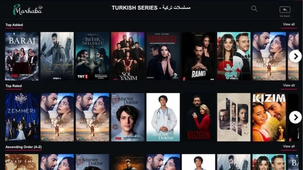 Screenshot of Marhaba TV's Turkish series streaming page showing top added, top rated, and ascending order TV series titles with posters.