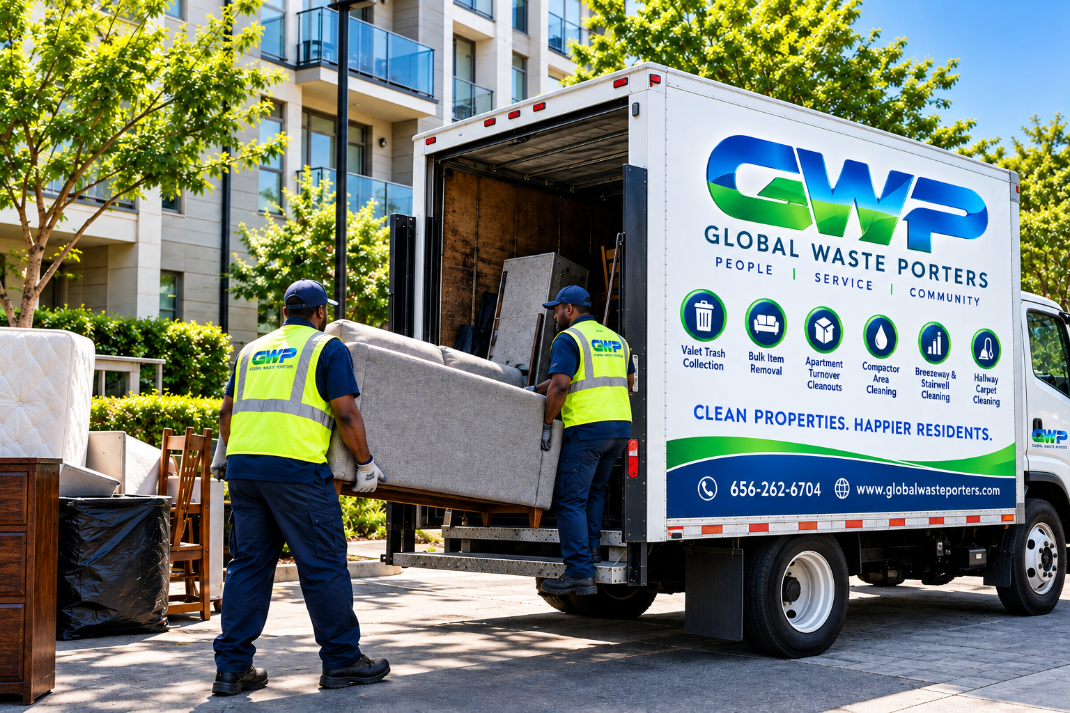 Two workers unloading furniture from a white truck labeled 'Global Waste Porters' on a city street with modern apartment buildings and green trees in the background.