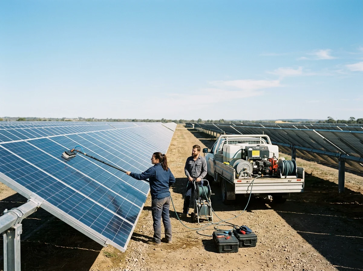 Two workers cleaning solar panels in a large solar farm under a clear blue sky.