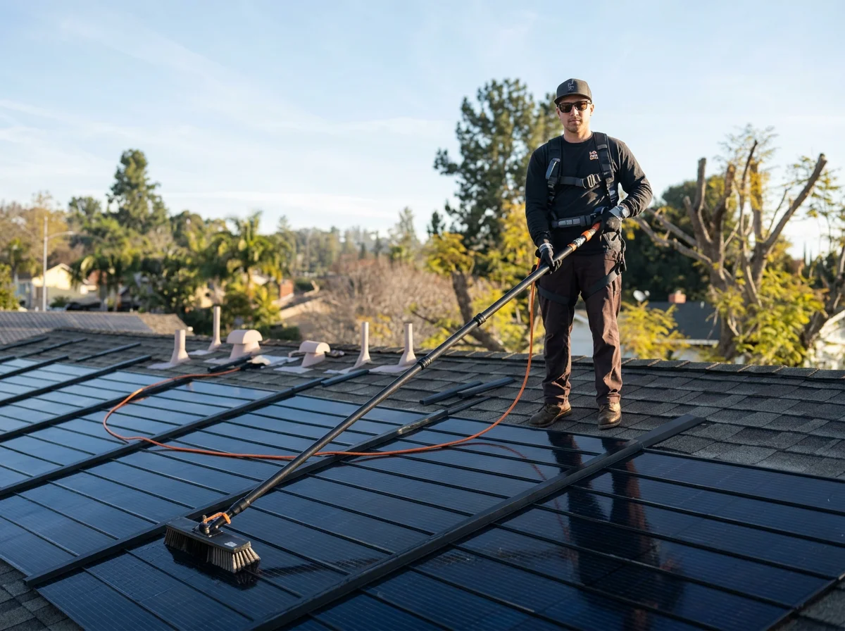 A man cleaning solar panels on a rooftop with a water fed extension pole