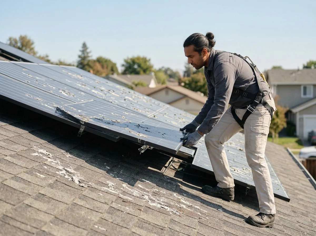 A man in work clothes installing or inspecting solar panels on a residential roof on a sunny day. Bird proofing.