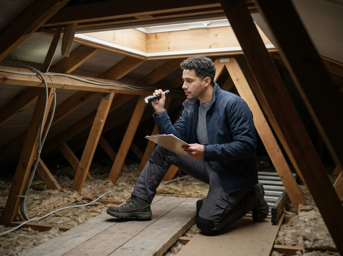 A man kneeling inside an attic, inspecting the wooden roof structure with a flashlight and holding a clipboard.