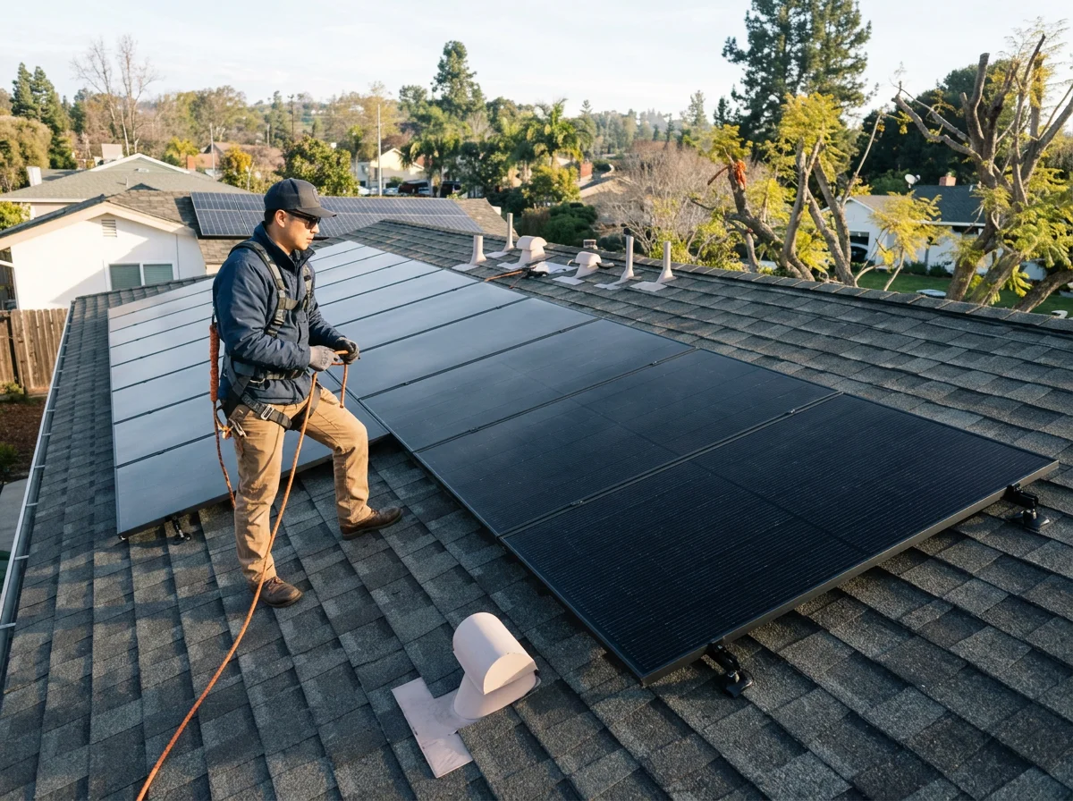 A man in a dark jacket, khaki pants, and a hat installing solar panels on a residential rooftop, connected to a safety harness.