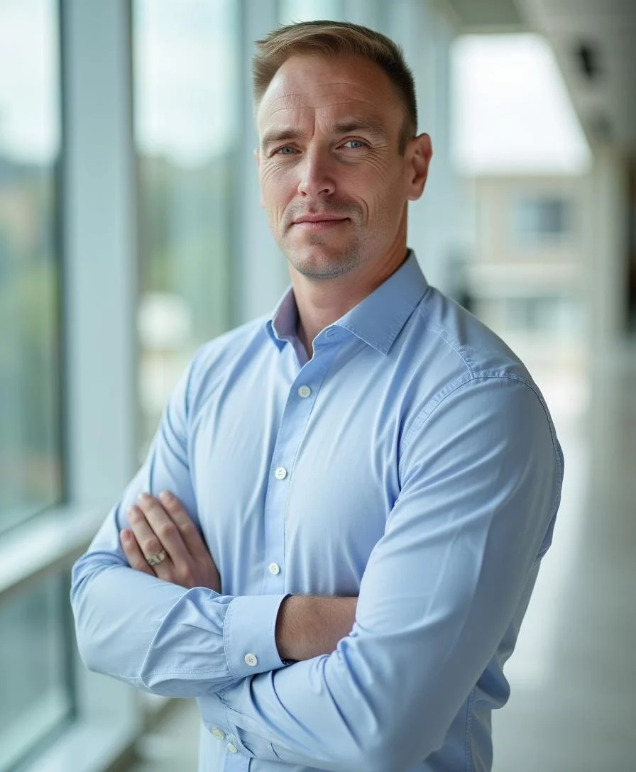 A man with short blonde hair and blue eyes wearing a light blue dress shirt, standing indoors in front of large windows, with arms crossed, looking at the camera.