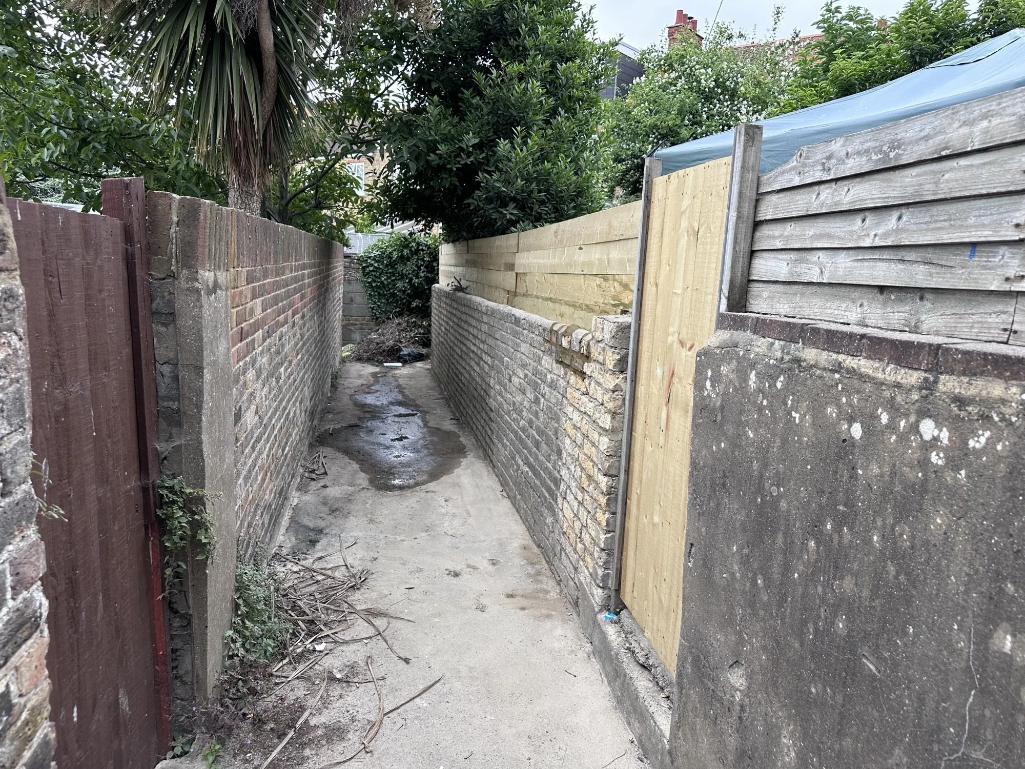 A narrow alleyway between two fences, one made of brick and the other of wood, with construction work underway and trees overhead.