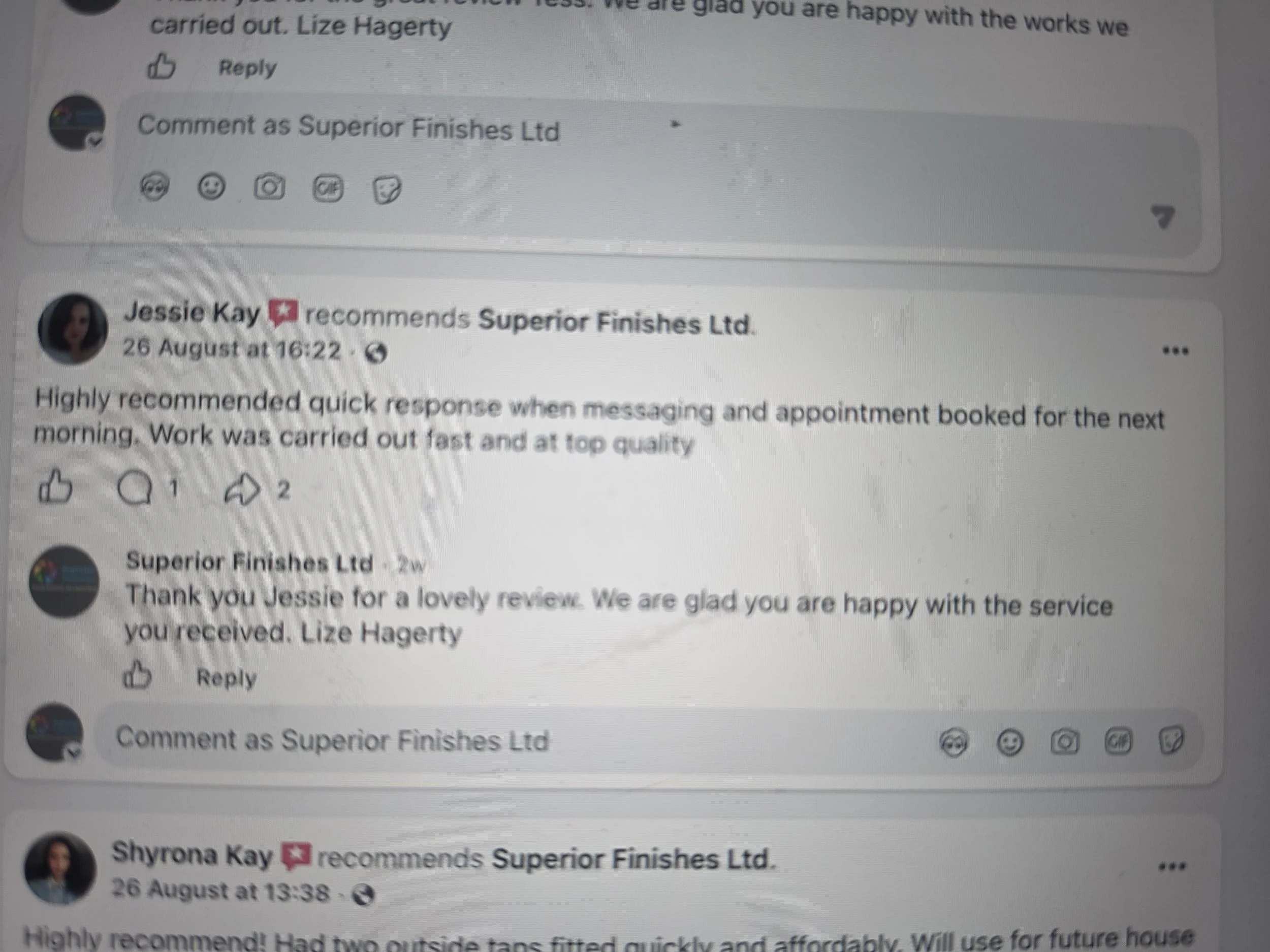 A screenshot of a Facebook comment thread showing user avatars, names, post times, and comments. The comments are about a positive review of a service or product.