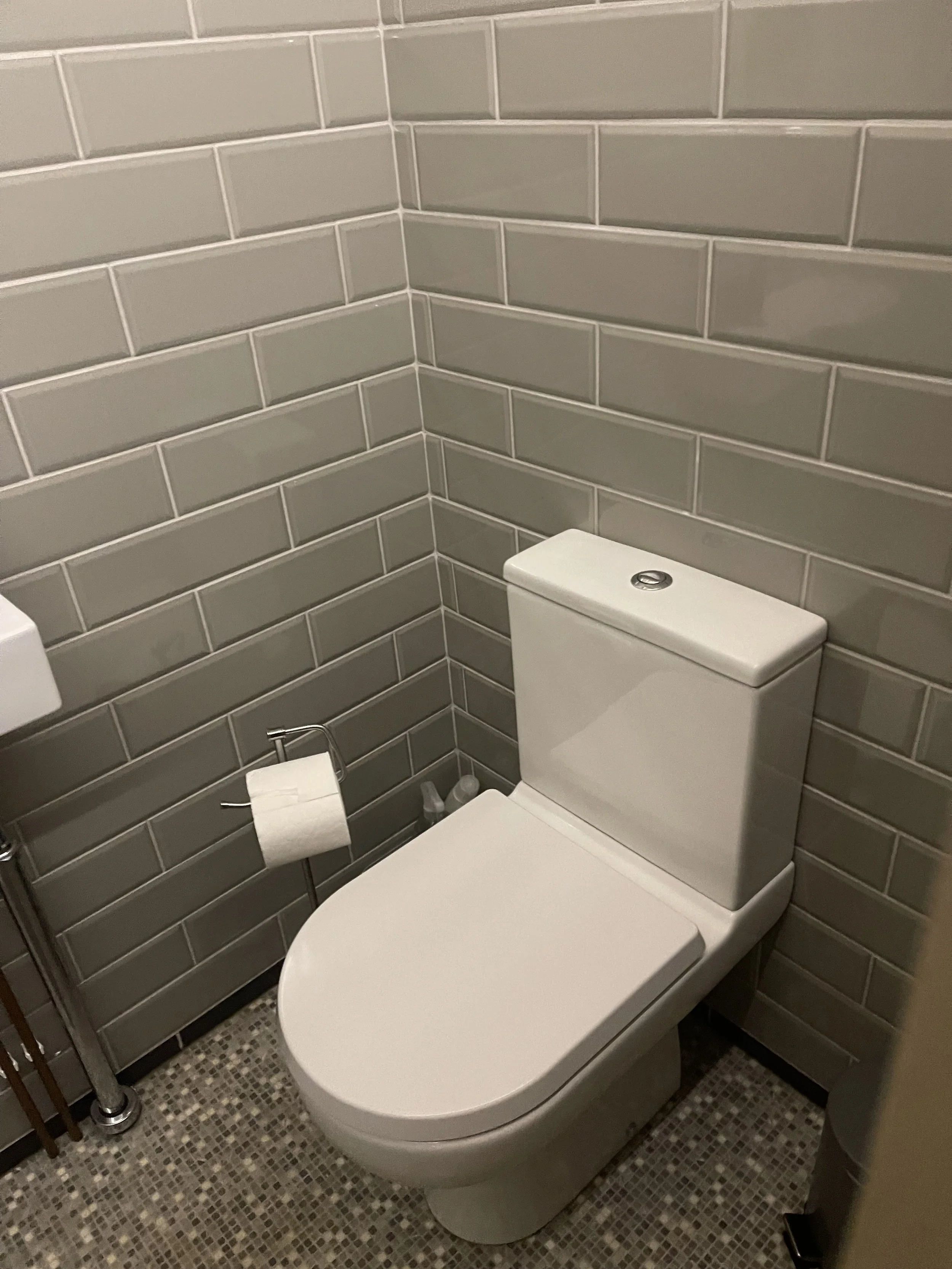 A close-up of a toilet with a gray tiled wall in the background and a metal toilet paper holder with a roll of toilet paper attached to it.