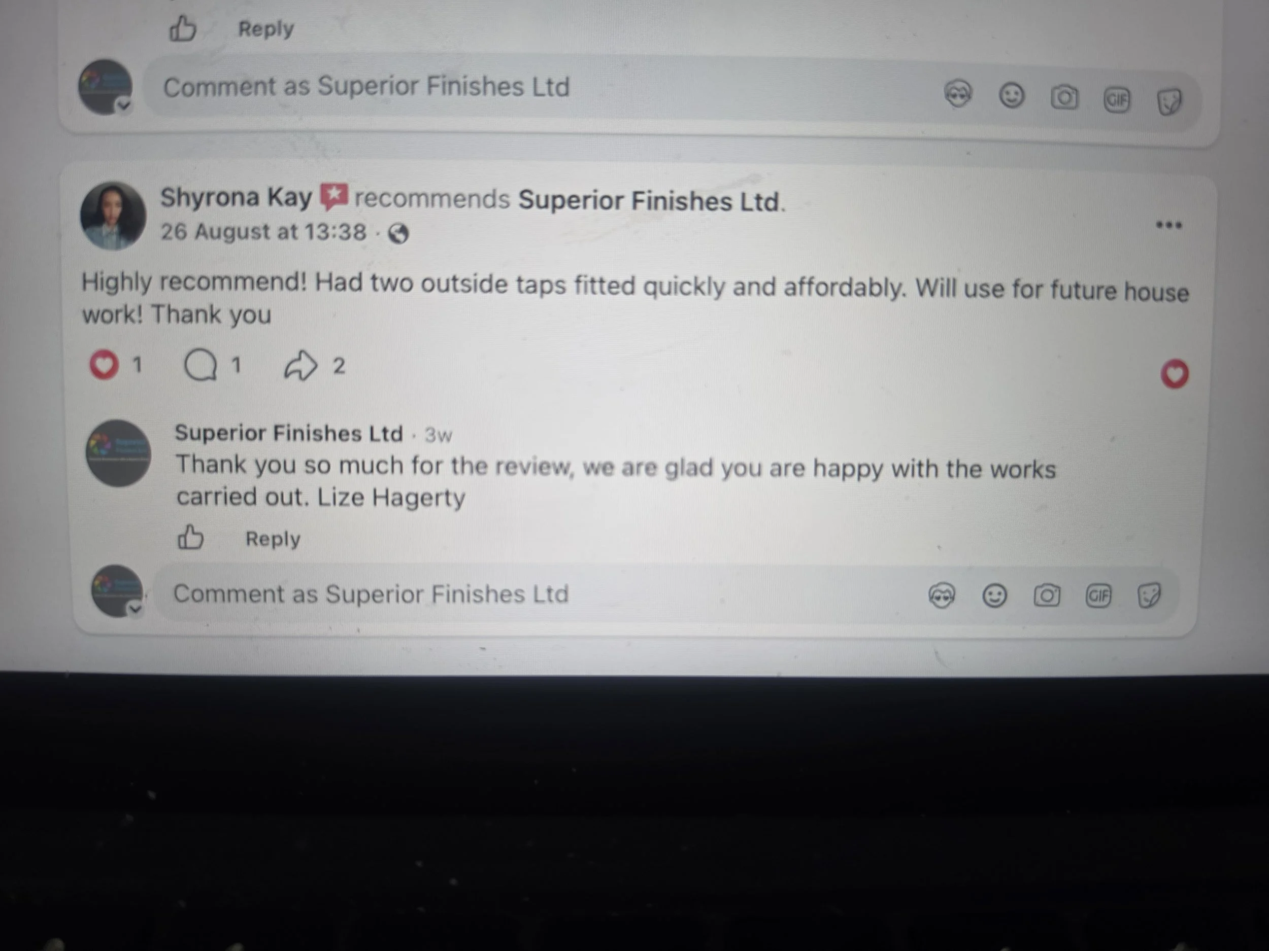 A computer screen displaying a Facebook comment section with a review about Superior Finishes Ltd. The review is written by Shyrona Kay and mentions the quick and affordable outside taps fitting, expressing satisfaction and intention to use for future projects.