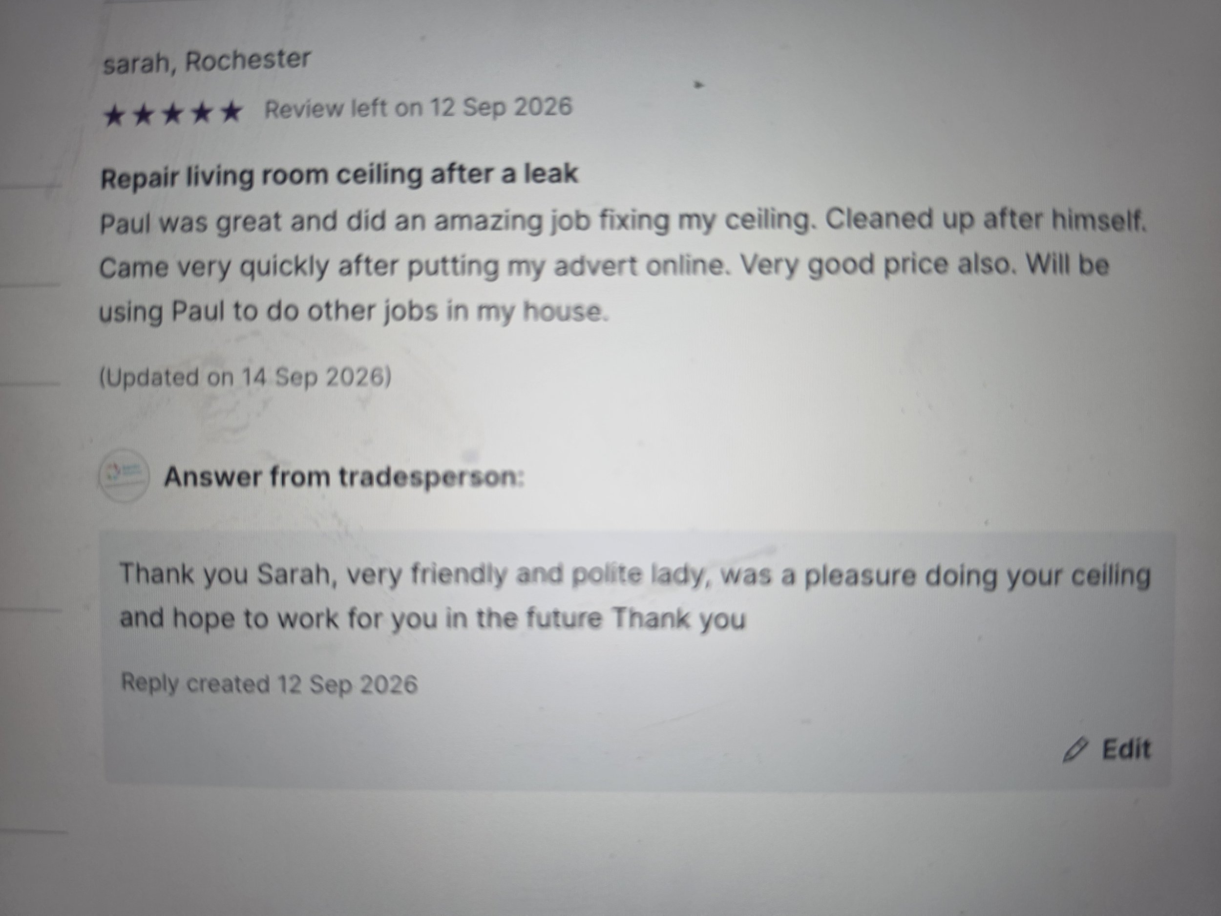A blurry screenshot of an online review for ceiling repair, showing the reviewer's name as Sarah from Rochester, with a five-star rating, and the review describing positive experiences with a service provider named Paul.
