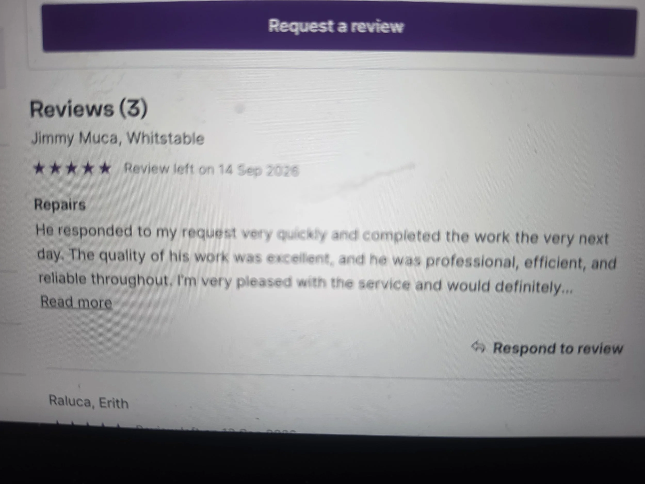 Screenshot of a webpage showing a review section with the title 'Request a review.' The review is by Jimmy Muca from Whitstable, with a four-star rating, left on September 14, 2026. The review text discusses the respondent's quick response, completed work, and professional service.