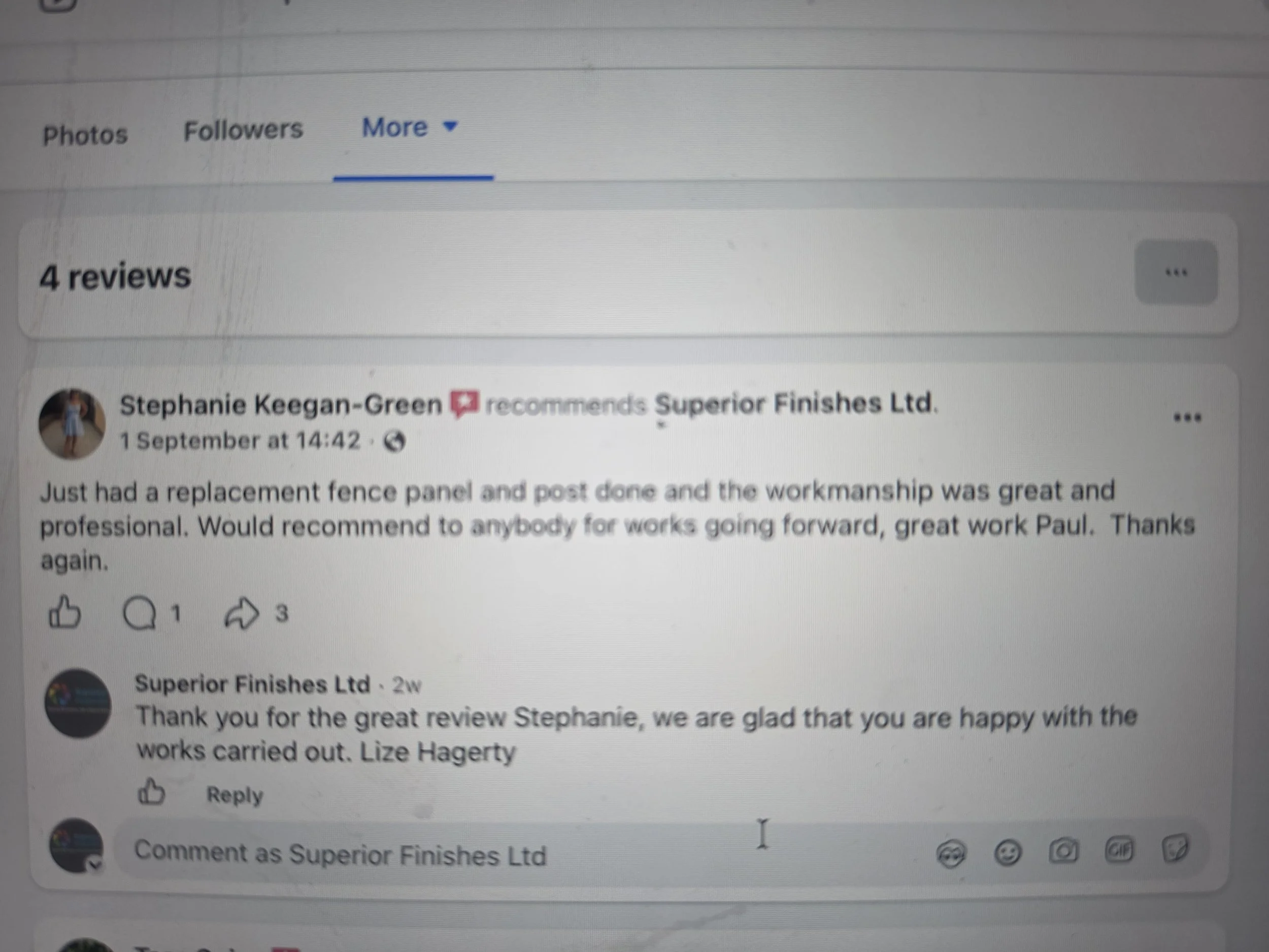 Screenshot of a Facebook review section showing 4 reviews, with a highlighted review praising Superior Finishes Ltd for their work on replacing a fence panel, posted by Stephanie Keegan-Green.