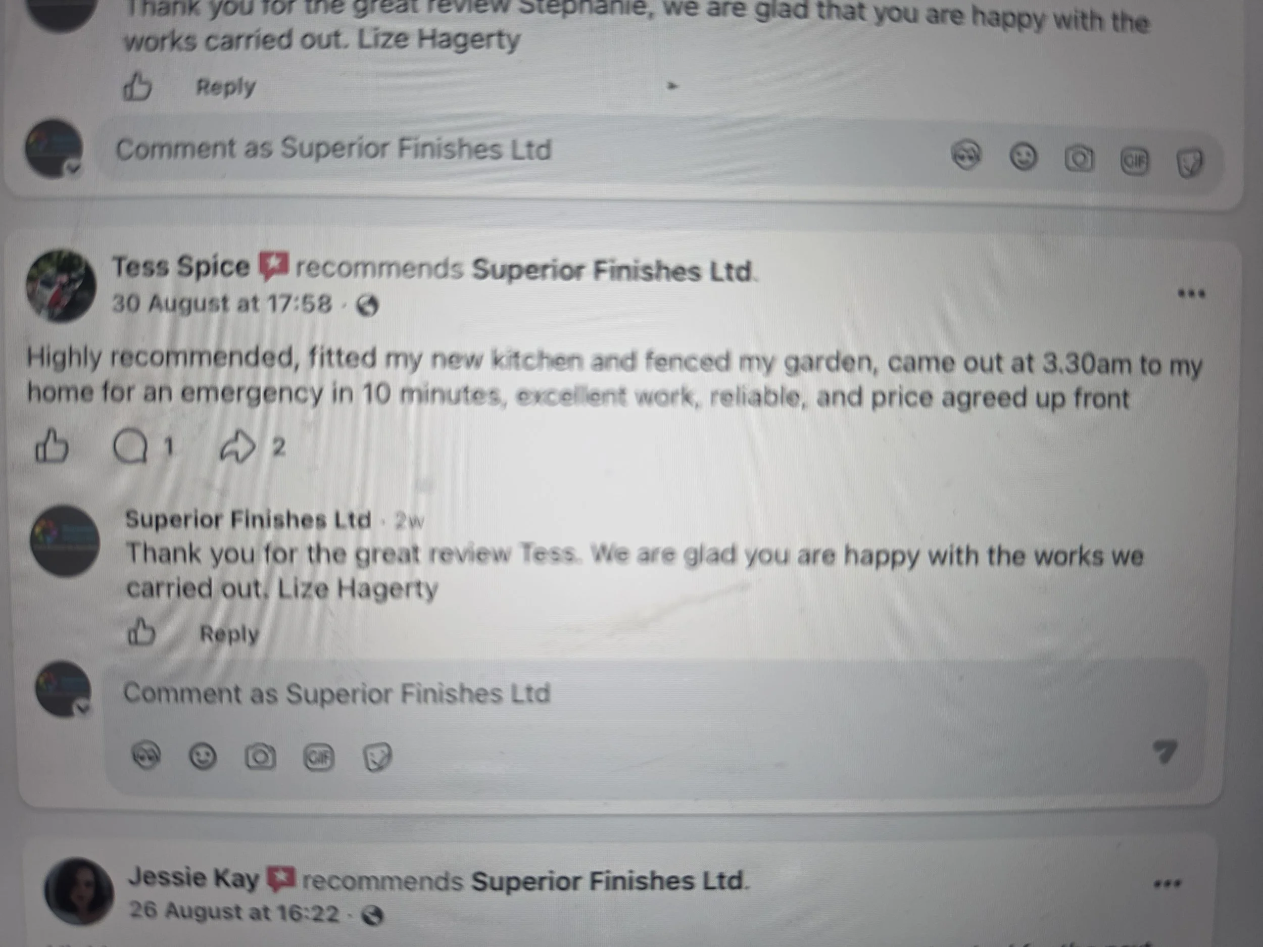 A computer screen displaying Facebook comments and reviews, including messages from users Tess Spice and Jessie Kay praising Superior Finishes Ltd, with icons of reactions and emojis.