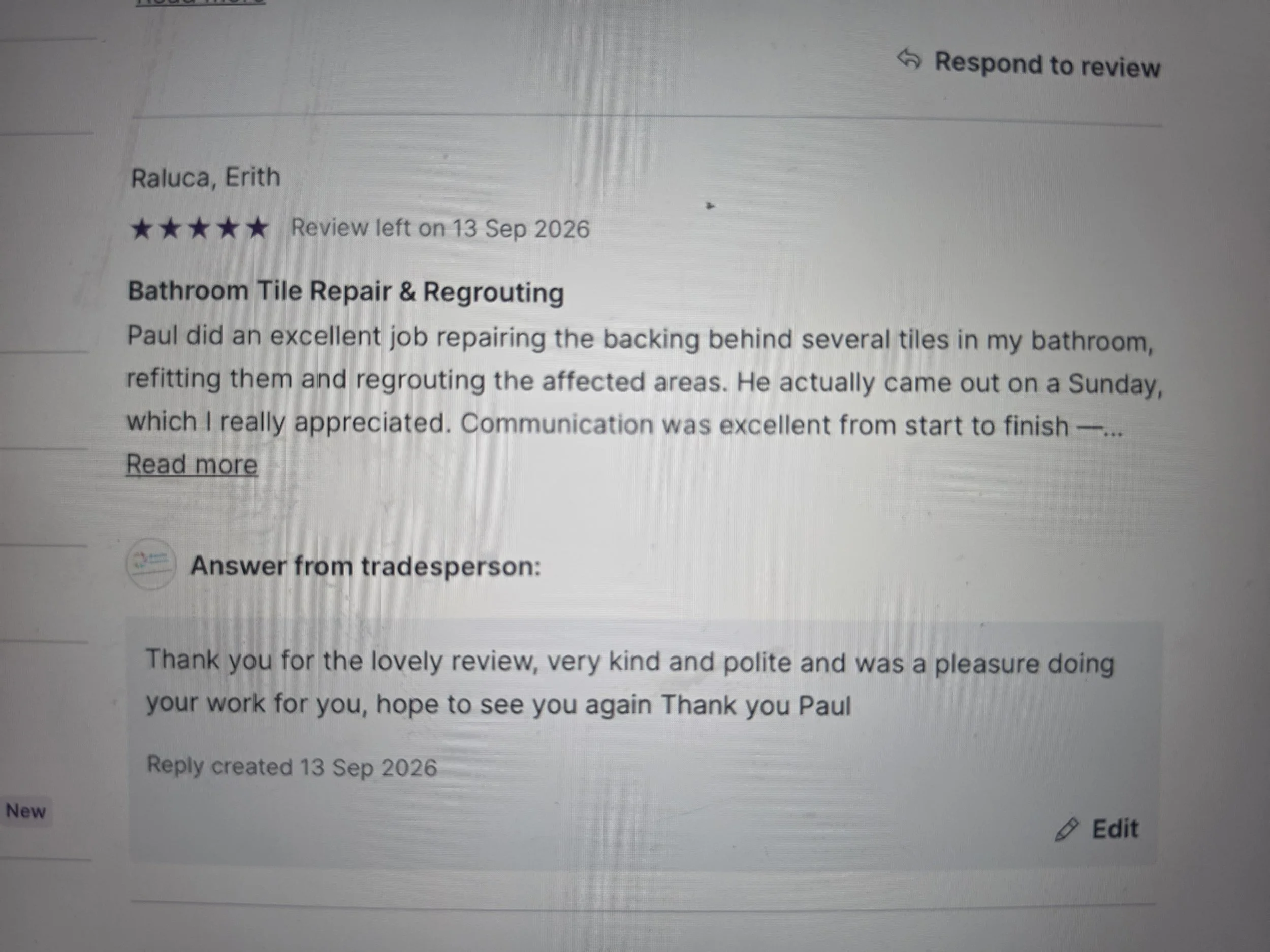 Screenshot of an online review page showing a positive review for a bathroom tile repair service, with the reviewer's name as Erith Raluca and a five-star rating.