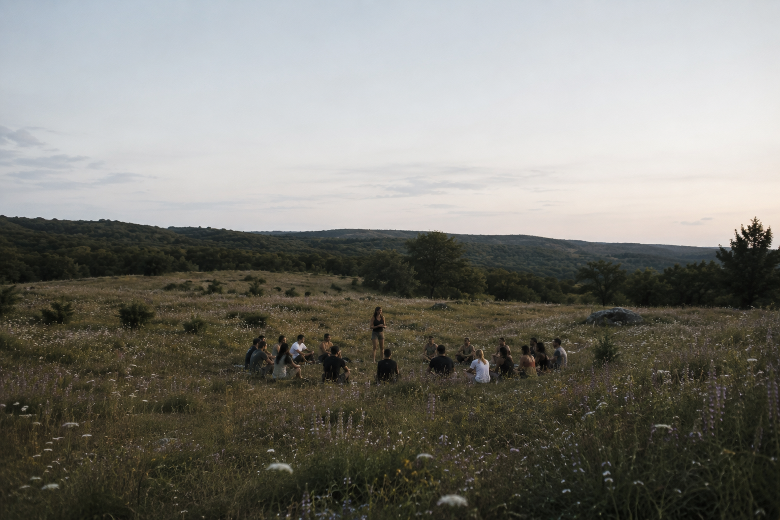 Group of people sitting in a circle outdoors in a grassy field with wildflowers, listening to a woman standing and speaking as the sun sets over distant hills.