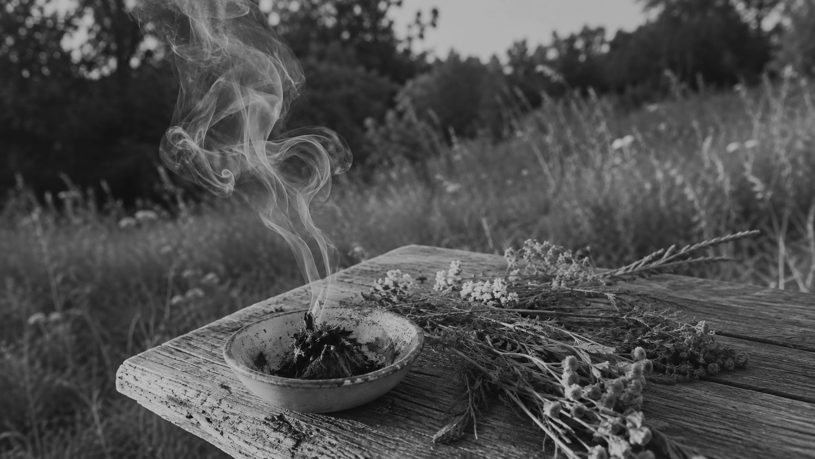 A black and white photo of a rustic wooden table in an outdoor field, with a steaming bowl and a bunch of wildflowers lying across the table.