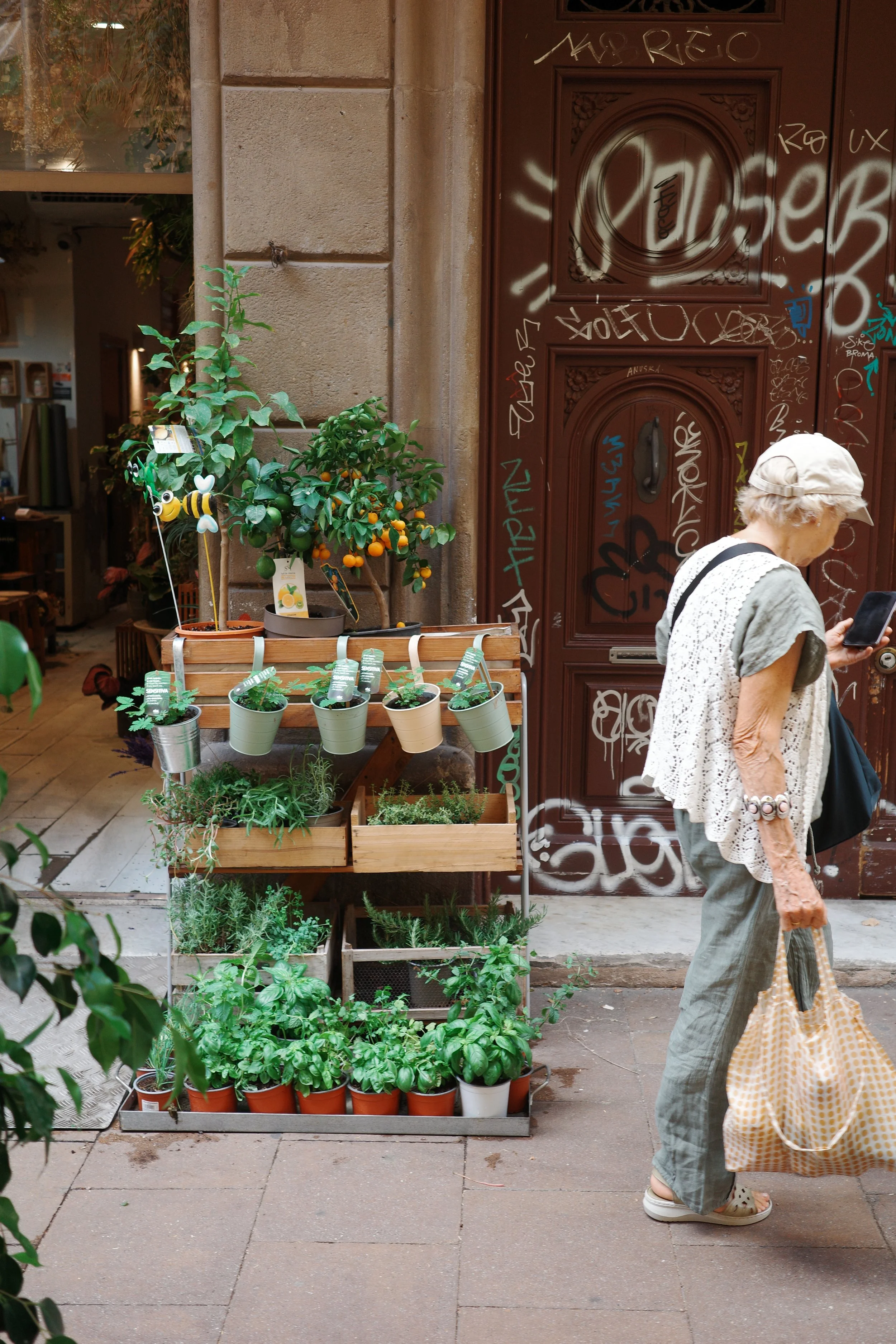 A woman with gray hair, wearing a beige cap, gray shirt, and light green pants, carrying a large yellow and white checkered shopping bag, walking past potted plants and small trees displayed outside a shop on a city sidewalk. The shop wooden door is 