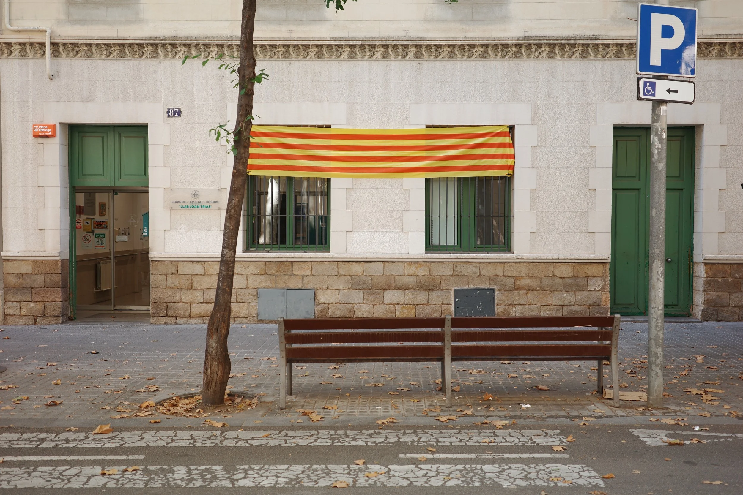 Street view showing a building with a Catalan flag hanging in front, two green doors, a parking sign for handicapped parking, a tree, a sidewalk with fallen leaves, and a bench.