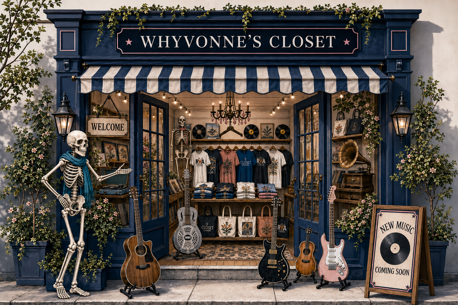 Front view of a boutique store named "Whyvonne's Closet" decorated with strings of lights, plants, and vintage items. Several guitars are displayed outside, and a skeleton wearing a blue scarf stands on the left. The interior showcases clothing, bags, and wall art with a vintage style. There is a sign on the sidewalk advertising "New Music Coming Soon."
