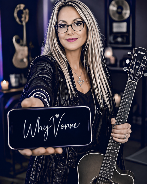A woman with long blonde hair, glasses, and a leather jacket holding an electric guitar and displaying a sign that says 'Why Vonne' in a music studio.