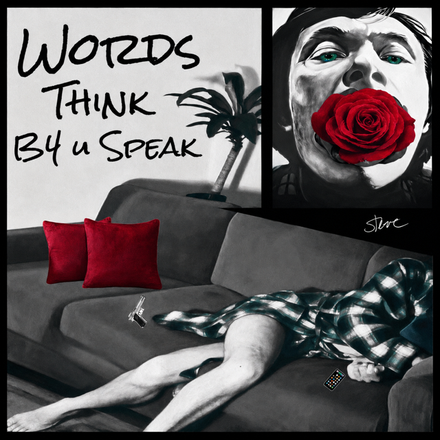A collage with a black and white sofa, two red pillows, a person lying on the sofa with a plaid shirt, a remote control, and a gun. A portrait of a woman with teal eyes and a large red rose in her mouth is on the wall, along with a handwritten sign saying "WORDS THINK B4 U SPEAK" and a plant in the background.